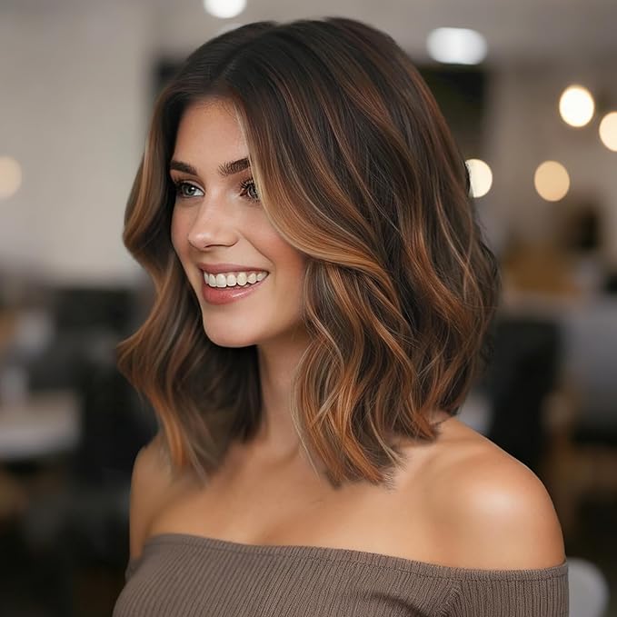 Dark Brown Mixed Chestnut Short Wavy Wig for Women Lace Hairline Bob Style Synthetic Heat Resistant - Natural Appearance for Everyday Hairstyle 14 Inch