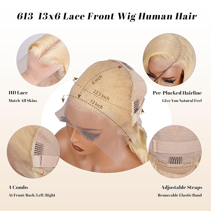 613 Lace Front Wig Human Hair 20 Inch 13x6 Blonde Wig Human Hair 613 Deep Wave HD Lace Frontal Wig 200% Density Long Blonde Curly Wig Water Wave 613 Wig Pre Plucked With Baby Hair for Women