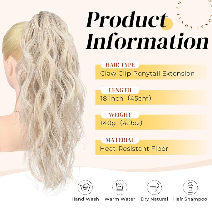 LONAI Ponytail Extension, 18" Wavy Claw Clip Ponytail Extensions ZJ001 Shoulder Length Curly Wavy Claw Clip in Ponytail Hair Extensions Synthetic Fake Pony tails Hairpieces-Light Smoky Blonde