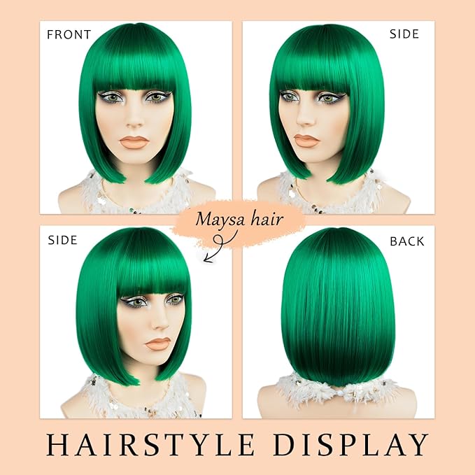 MAYSA Green Wigs with Bangs Short Straight Bob Bangs Wig 12in Synthetic Cosplay Halloween Costume Wig for Women # Green