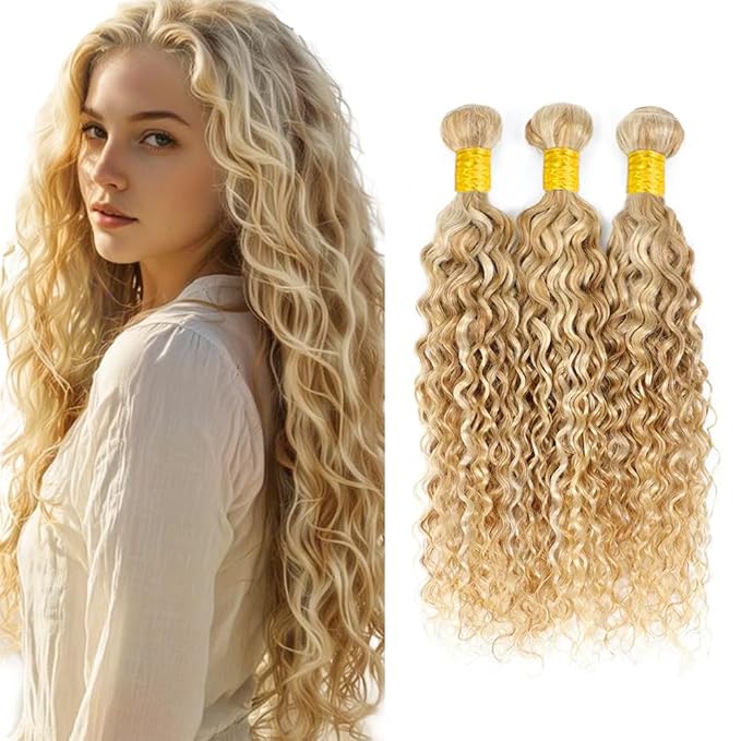 30 32 34 inch WuvuSnm 613 Water Wave Bundles Blonde Human Hair 3 Bundles P27/613 Wet and Wavy Bundle Blonde Hair Extensions