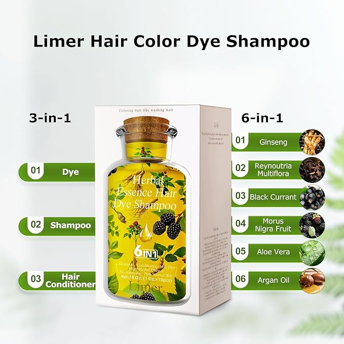Limer Hair Dye Shampoo Natural Black Pack of 10, Root Touch-up Gray Coverage Hair Color, 6-in-1 Herbal Ingredients, Semi-Permanent Ammonia-Free for Men Women, 1oz/Pack