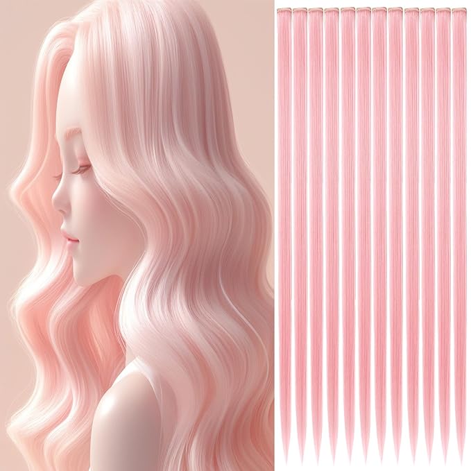 12 PCS Pink Hair Extensions Clip in, 22" Colored Highlights, Synthetic Straight Hair Piece DIY Accessories for Daily Party