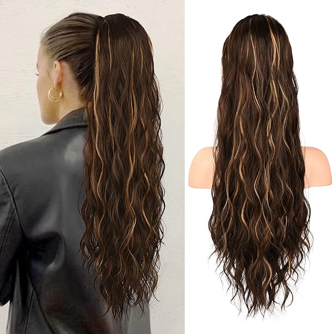 FLUFYMOOZ Ponytail Extension, 26 Inch Drawstring Ponytail Hair Extensions for Women， Long Curly Wavy Ponytail Natural Wavy Synthetic Hairpiece for Women(26 Inch Brown with Blonde Highlights)