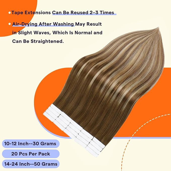 Full Shine Tape in Hair Extensions Human Hair 16 Inch Seamless Skin Weft Hair Extensions Tape in Color 4 Brown Ombre 8 and 27 Blonde Highlight 60 Balayage Remy Straight Hair 50grams 20PCS Add Volume