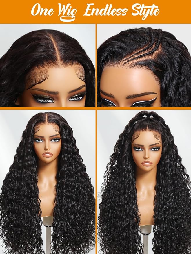 Julia Hair Water Wave 7x5 Bye Bye Knots Glueless Wig with Baby Hair HD Lace Pre Everything with Drawstring Wigs Human Hair Pre Plucked Pre Cut Bleached Knots Put on and Go Natural Hairline 22 Inch