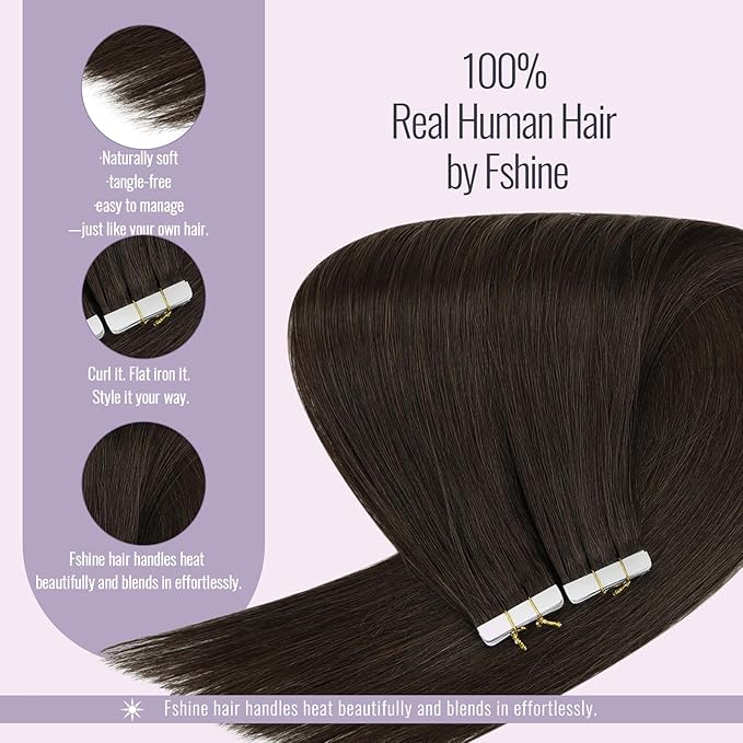 Fshine Tape in Extensions Human Hair 18 inch Darkest Brown Straight Natural Remy 50 g Seamless Look for Women Brown Hairstyles and Everyday Styling