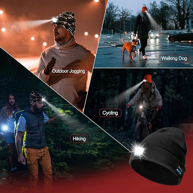 Gifts for Men, Rechargeable Bluetooth Music Unisex Beanie Hat with Light, Stocking Stuffers for Women, Birthday Gifts for Men, for Him, Black