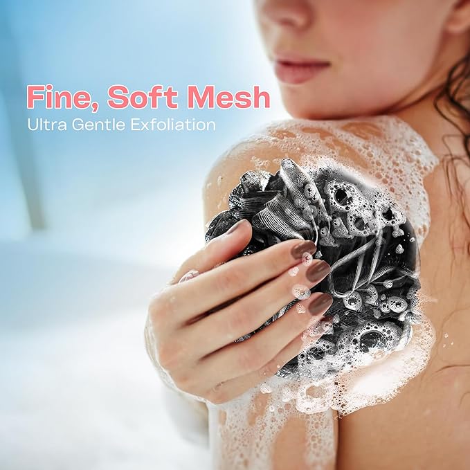 Bath Loofah Sponge Pack of 4-75g Black Color Mesh Shower Pouf for Women & Men, Loofah Exfoliating Body Scrubber & Bath Sponges – Gentle Shower scrunchies for Smooth Skin Care