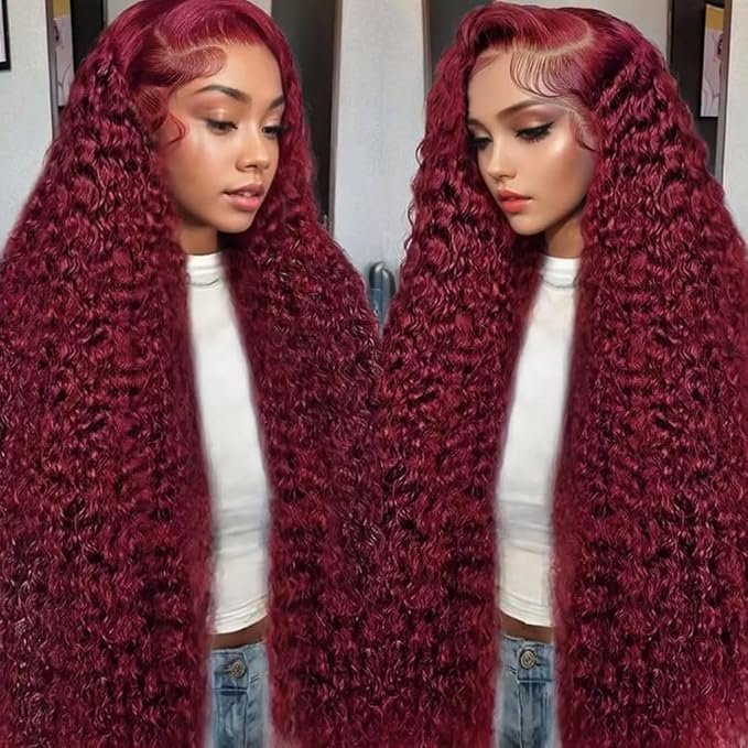30 Inch Burgundy Wig Human Hair 99j Burgundy 13x6 Deep Wave Lace Front Wigs Human Hair Pre Plucked 180% Density HD Transparent Lace Frontal Wigs for Black Women Red Colored Wig
