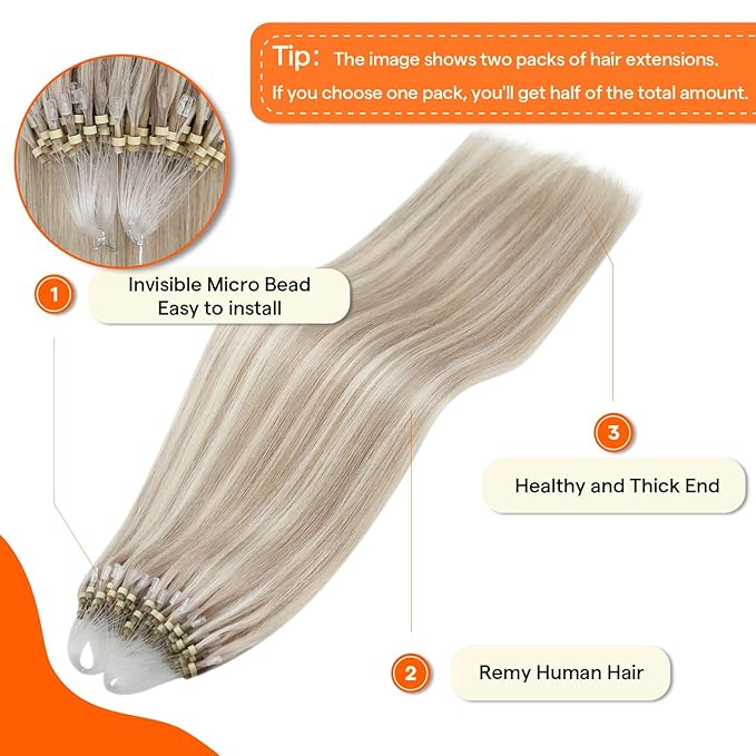 Full Shine Micro Bead Hair Extensions Real Human Hair 22 Inch 50G with 7G Micro Beads Ash Blonde Highlight Bleach Blonde Micro Link Hair Extensions Human Hair Long Straight Hair add Length