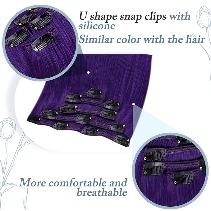 RUNATURE Clip in Hair Extensions Purple Clip in Human Hair Full Head Purple Hair Extensions Real Human Hair Clip Ins Party Highlight Colored Hair Extension 14 Inch 70g/5pcs