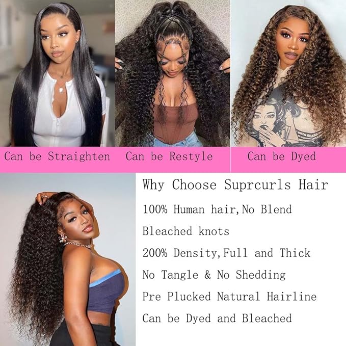 13x6 Deep Wave Lace Front Wigs Human Hair 200% Density HD Lace Front Wigs Human Hair for Women Glueless Pre Plucked Bleached Knots Lace Front Wig Deep Curly Wig Nature Color(Black, 30inch)
