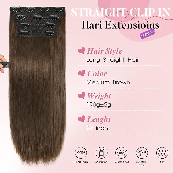 Clip in Synthetic Hair Extensions Long Straight 4PCS Thick Hairpieces Medium Brown Fiber Double Weft Natural Hair Extensions 22 Inch for Women
