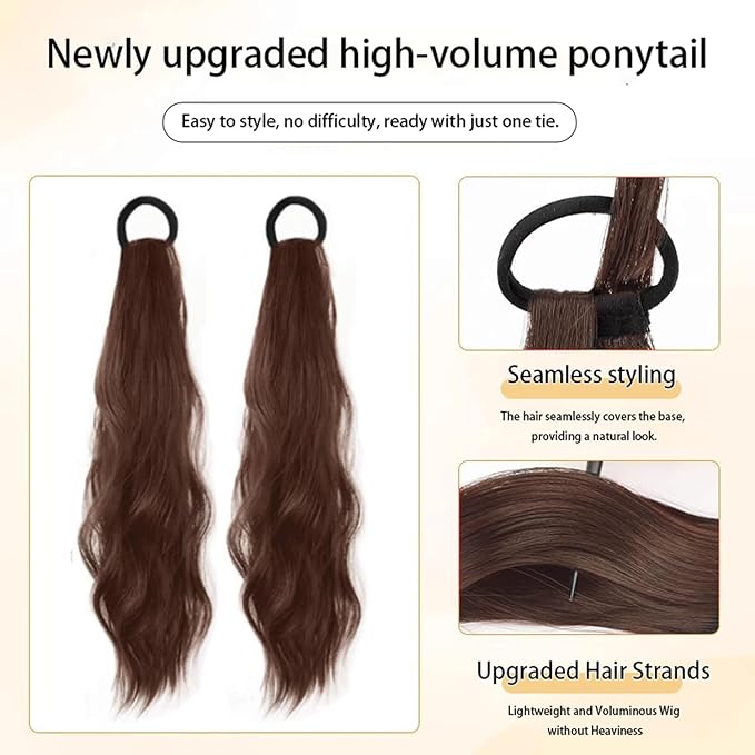 2PCS Curly Ponytail Extension with Hair Tie Hair Natural Wig Elastic Band Wave Fake Ponytail Wigs Accessories for Women Daily 17 Inch (2pcs-ash brown)