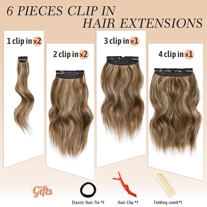 NAYOO Clip in Hair Extensions for Women 14 Inch Short Wavy Curly Brown Mix Blonde Hairpieces Full Head Synthetic Hair Hairpieces (6PCS, Brown Mix Blonde)
