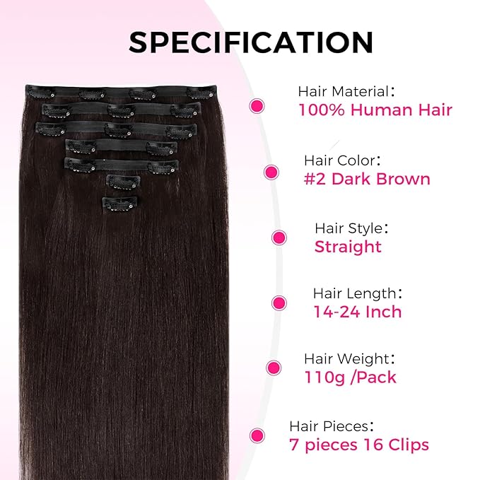 Lashey Invisi Edge Clip in Hair Extensions 14 Inch 110g 7pcs Injected Seamless PU Clip in Hair Extensions Virgin Human Hair, #2 Dark Brown Straight Hair