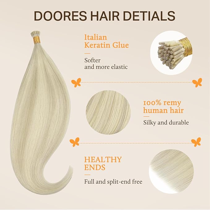 DOORES ITip Hair Extensions Real Human Hair, Ash Blonde Highlighted Platinum Blonde 50g/50s 20 Inch, I Tip Hair Extensions Invisible Human Hair Cold Fusion Extensions Human Hair