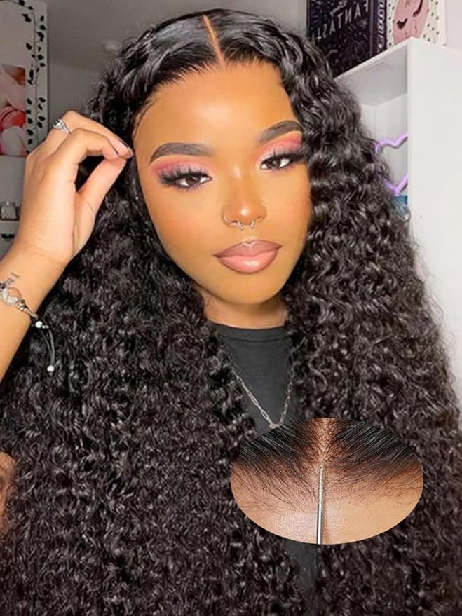 24 Inch Curly Glueless Pre Plucked Pre Cut 7X5 HD Lace Pre Bleached Knots Wigs Human Hair,Wear and Go Water Wave Lace Front Wig with Natural Hairline Baby Hair for Black Women 200% Density