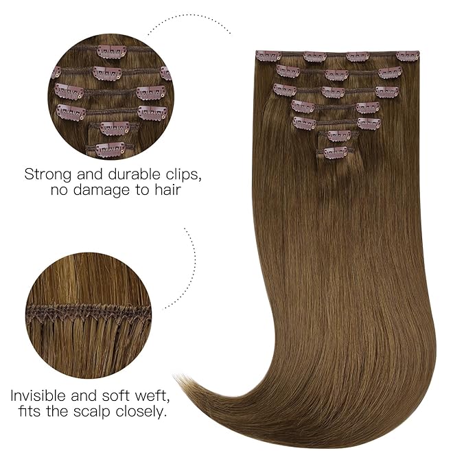 HOTBANANA Human Hair Clip in Hair Extensions, Medium Brown 120g Clip in Hair Extensions Real Human Hair Straight Remy Hair 20 Inch 7pcs