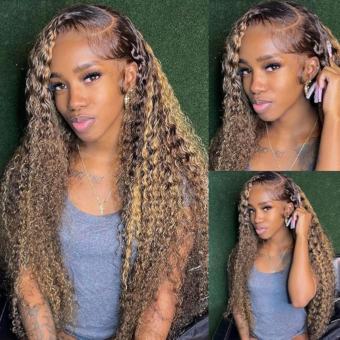 Azibo 200 Density Water Wave 13x5 Full Lace Front Wigs Human Hair Pre Plucked 4/27 Highlight Honey Blonde HD Lace Front Wig Human Hair 28inch…