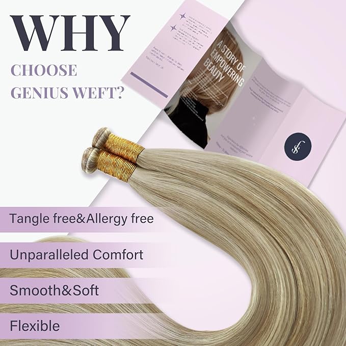 Fshine Genius Weft Human Hair Genius Weft Ash Blonde and Golden Blonde Sew in Real Human for Women Hair Extensions 24 Inch 60g