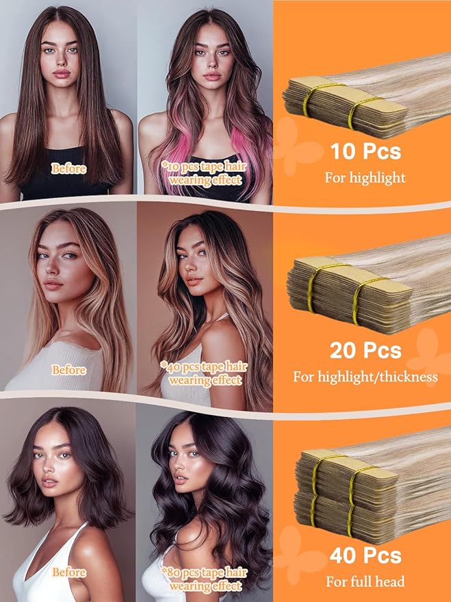 DOORES Tape in Hair Extensions Real Human Remy, Soft Honey Blonde Highlight Platinum Blonde 20 Inch 50g 20pcs, Remy Hair Extensions Tape in Straight Natural Thick Ends for Women