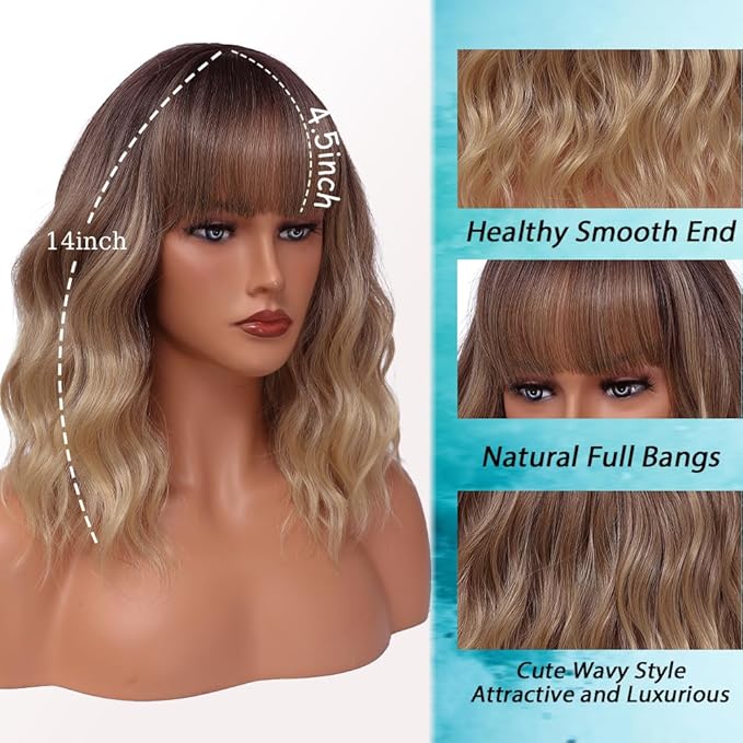 WAVE&BREEZE Short Blonde Wigs with Bangs 14Inch Ombre Blonde Highlights Curly Bob Wig for Women Shoulder Length Natural Looking Hair Replacement Wig for Daily Party Use Cosplay Costume Halloween Wig