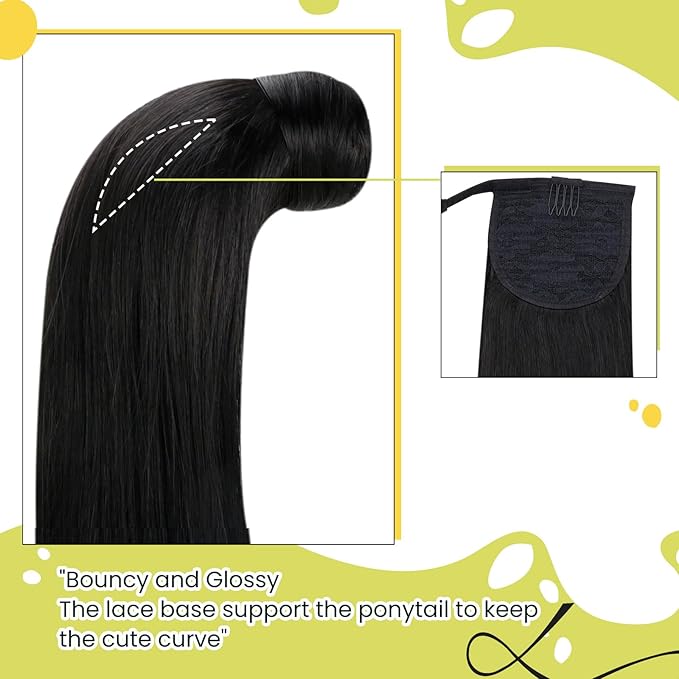 RUNATURE Ponytail Extension Real Human Hair, Long Human Hair Ponytail 20 Inch, Black Ponytail Extension Wrap Around, Straight Remy Natural Hair, Add Length, 80g #1B Off Black