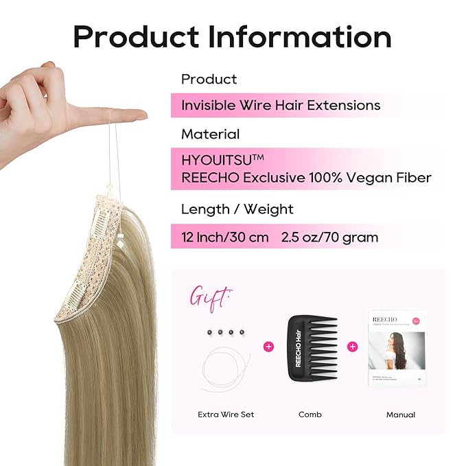 REECHO 12" Invisible Wire Hair Extensions with Thinner Softer Lace Weft Adjustable Size Removable Secure Clips in Short Straight Secret Hairpiece for Women - Light Ash Brown with Highlight