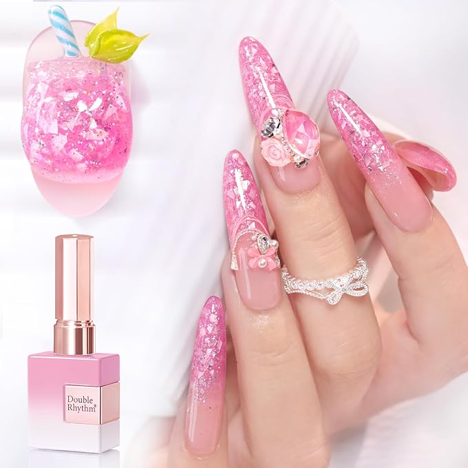Double Rhythm 0.5Oz Glitter Gel Polish Same Color Same Bollte Shimmer Reflective Color for Nail Art Salon DIY Soak Off 15ml Nail Lamp Gel Polish at Home (Shell Pink-B1204)