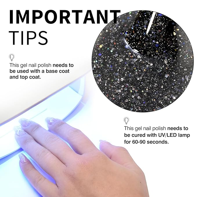 CANNI Glitter Gel Nail Polish – 1pcs 9ml Black Color, Diamond Glitter Series, Soak Off UV LED Gel Nail Polish for DIY Nail Art, Salon or Home Manicure