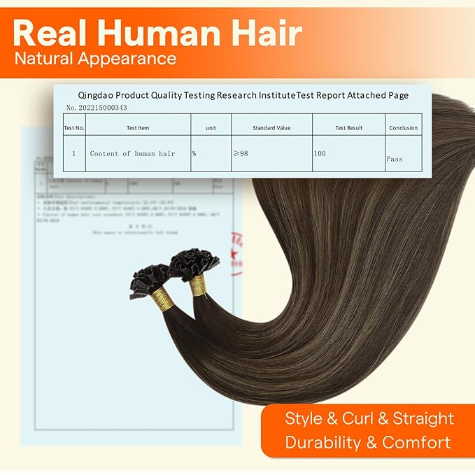 Full Shine Ktip Human Hair Extensions 20 Inch 50 Grams Dark Brown Mixed Ash Brown Keratin Bond Hair Extensions Human Hair Fusion Extensions Straight Natural Remy Hair