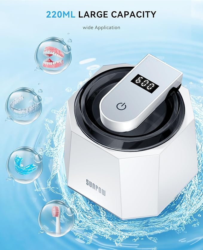 SUNPOW Ultrasonic Retainer Cleaner - 48kHz Retainer Cleaner Machine with 5 UV Lights for Dentures，Night Guards, Mouth Guards- 220ML Dental Cleaning Pod Upgrade Design