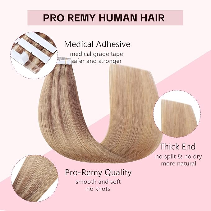 3rd-Generation Pro3.0 Invisible Tape in Hair Extensions Human Hair #10/27/27 Ash Brown to Caramel Blonde 20pcs 40g 18inch Insert Hand-Tied Invisi Edge Tape ins Extensions（#10/27/27-18inch）