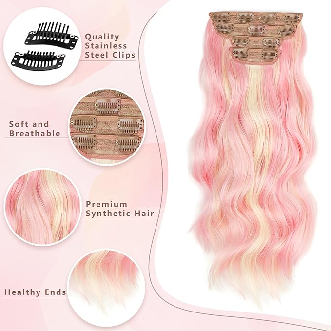 Vigorous Clip in Long Wavy Synthetic Hair Extension 4PCS Light Pink mix Blonde Hair Extensions 20Inch Easy to Install for Daily Use and Event Party Use