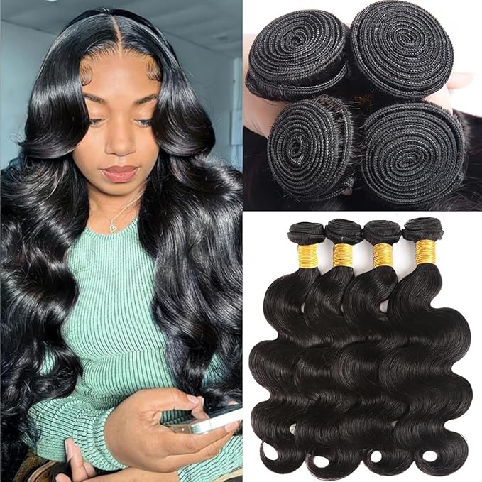 12A Human Hair Bundles Body Wave 100% Unprocessed Brazilian Virgin Hair 4 Bundles Human Hair Extensions Quick Weave (4 Bundlles Natural black,16 18 20 22 Inch)