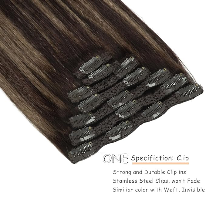 Caliee Clip in Hair Extensions Dark Brown #2 and Chestnut Brown #6 with Dark Brown #2 Roots Thick Remy Human Natural hair 140g Lace Clip in hair 22inch