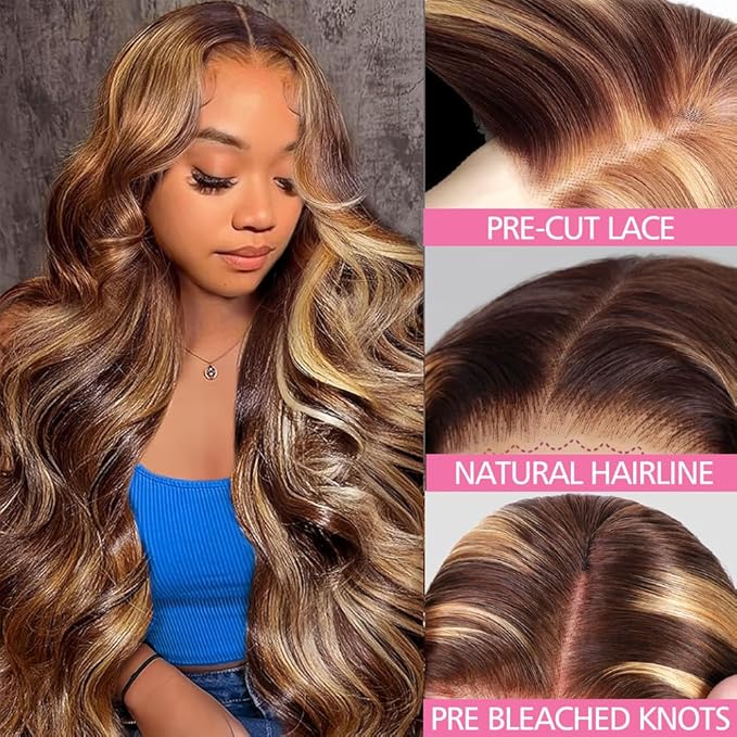 250% Density Highlight Ombre Glueless Wigs Human Hair Pre Plucked Pre Cut 5x5 HD Lace Closure Wigs Human Hair 4/27 Colored Honey Blonde Body Wave Lace Front Wigs 34 Inch