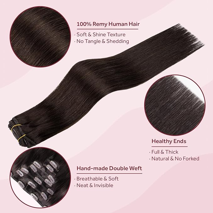 Clip in Hair Extensions Real Human Hair, Remy Human Hair Clip in Extensions for Long Hair, Dark Brown Straight Hair Extensions Add Volum add Length #2 20Inch 120G 7PCS