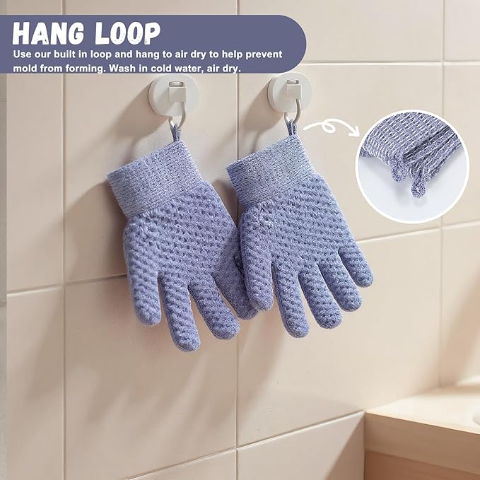 Exfoliating Dual Texture Bath Gloves for Shower Spa Massage and Body Scrubs, Dead Skin Cell Remover, body scrubber with Hanging Loop