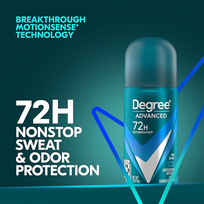 Degree Men’s Travel Deodorant Antiperspirant 6-Pack – 72H Advanced Protection Dry Spray, Cool Rush Scent, 1 Oz Ea