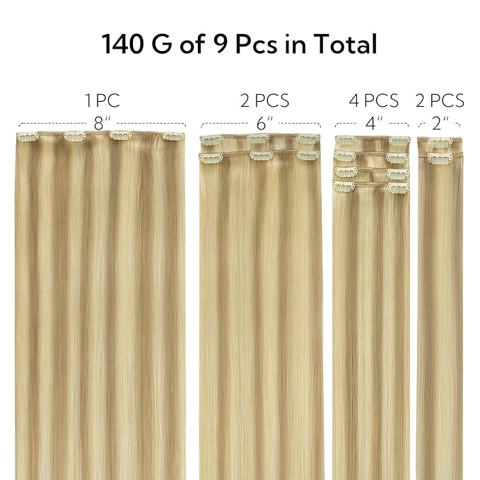 HOTBANANA Clip in Hair Extensions Real Human Hair, 140g 9pcs 14 inch Light Blonde Highlighted Golden Blonde(Ash Tone) Clip in Human Hair Extensions Straight Remy Hair Extensions Full Head