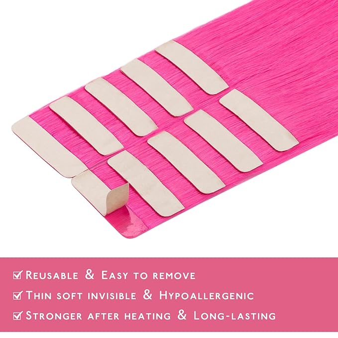 WENNALIFE Tape in Hair Extensions Human Hair Hot Pink Tape in Extensions, 10pcs 30g 22 inch Remy Invisible Tape Ins Straight Colored Soft Real Human Hair Tape in Extensions Refill Set Extensions