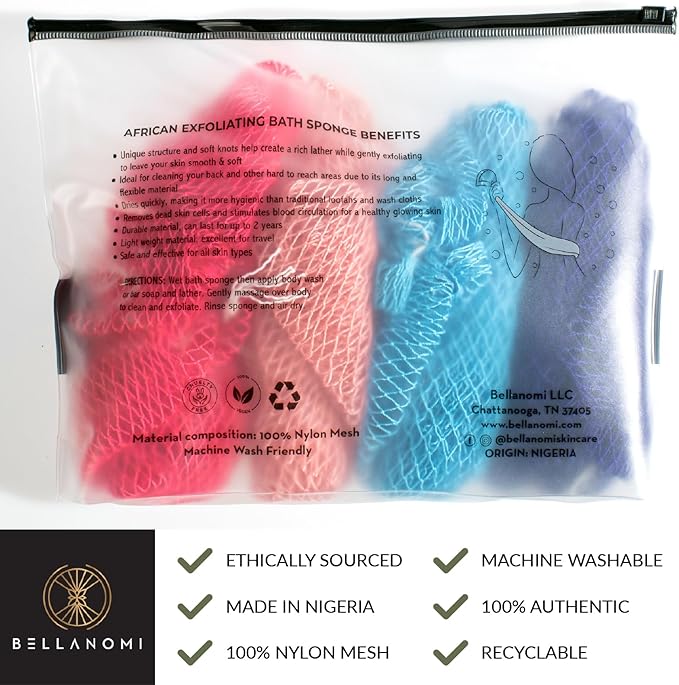 BELLANOMI 4 Piece African Exfoliating Net Sponge Long African Bath Sponge, Authentic Ethically Sourced from Nigeria, Great for Daily Use (Navy Blue, Baby Blue, Blush, Pink)