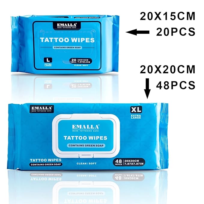 Emalla Green Soap Tattoo Wipes, 40 Count L All in One Premium Cleaning Wipes to Clean Skin During Tattooing and Aftercare 7.87"x5.9" Natural Formula Tattoo Supplies (2 Pack)