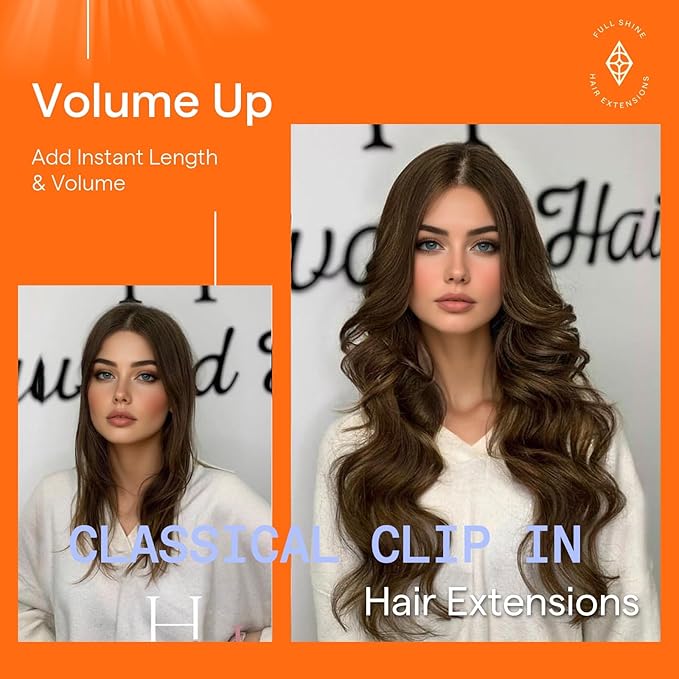 Full Shine Brunette Hair Extensions Clip ins 10 Inch Clip in Hair Extensions Golden Brown 7 Pcs 95 G