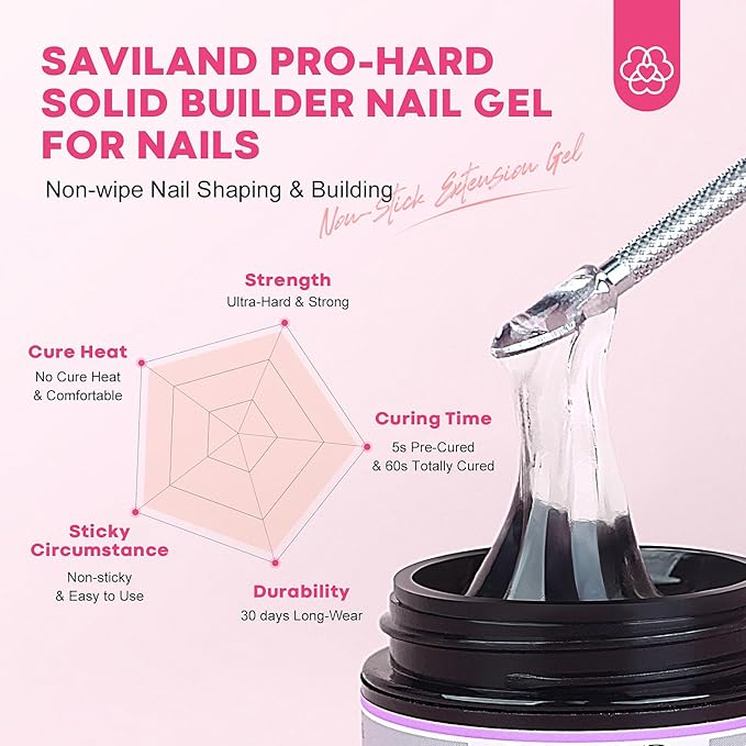 SAVILAND PRO-Hard Solid Builder Nail Gel for Nails: 2024 Ultra-Strength | Non-Sticky | Clear 3D Nail Gel with U V Lamp for 3D Nail Carving Emboss & Fast Extension Professional Use Salon