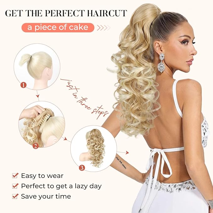 Flufymooz Ponytail Extension, 18 inch Wavy Curly Claw Clip Ponytail Extension Clip on Ponytails Natural Synthetic Hairpiece for Women Daily Wear (Medium Blonde with Light Blonde)