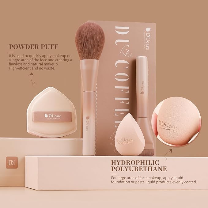 DUcare 14pcs Christmas Makeup Set,12Pcs Coffee Series Makeup Brush set with 2pcs Makeup Sponges Foundation Blending Face Powder Blush Eye Shadows Brushes